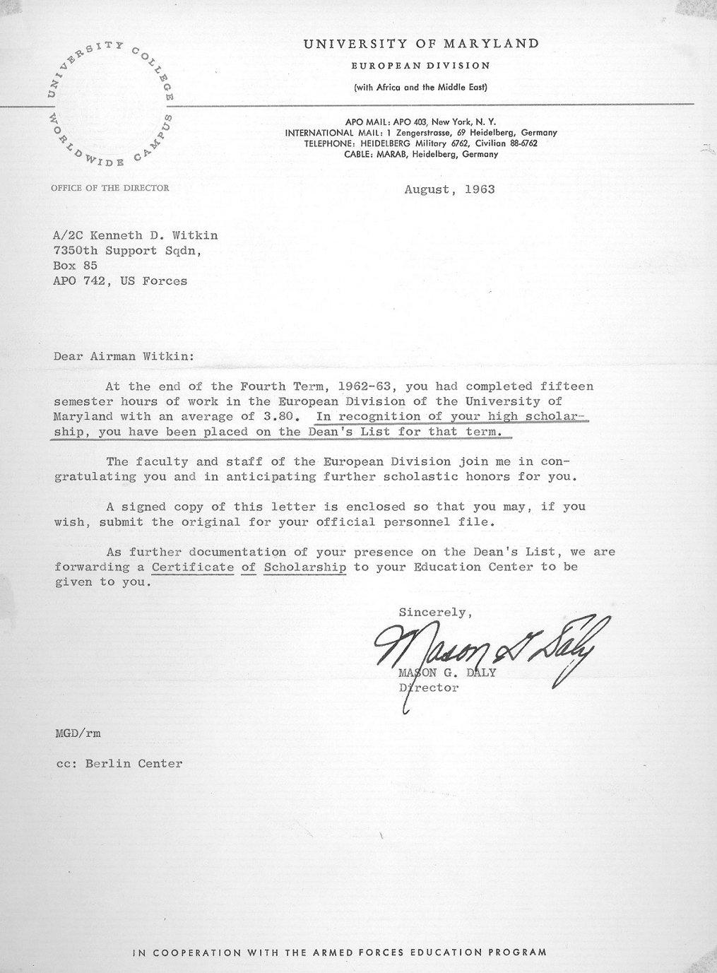1963 University Of Maryland Letter