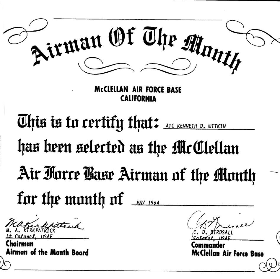 May 1964.  McClellan AFB, CA Airman Of The Month Certificate