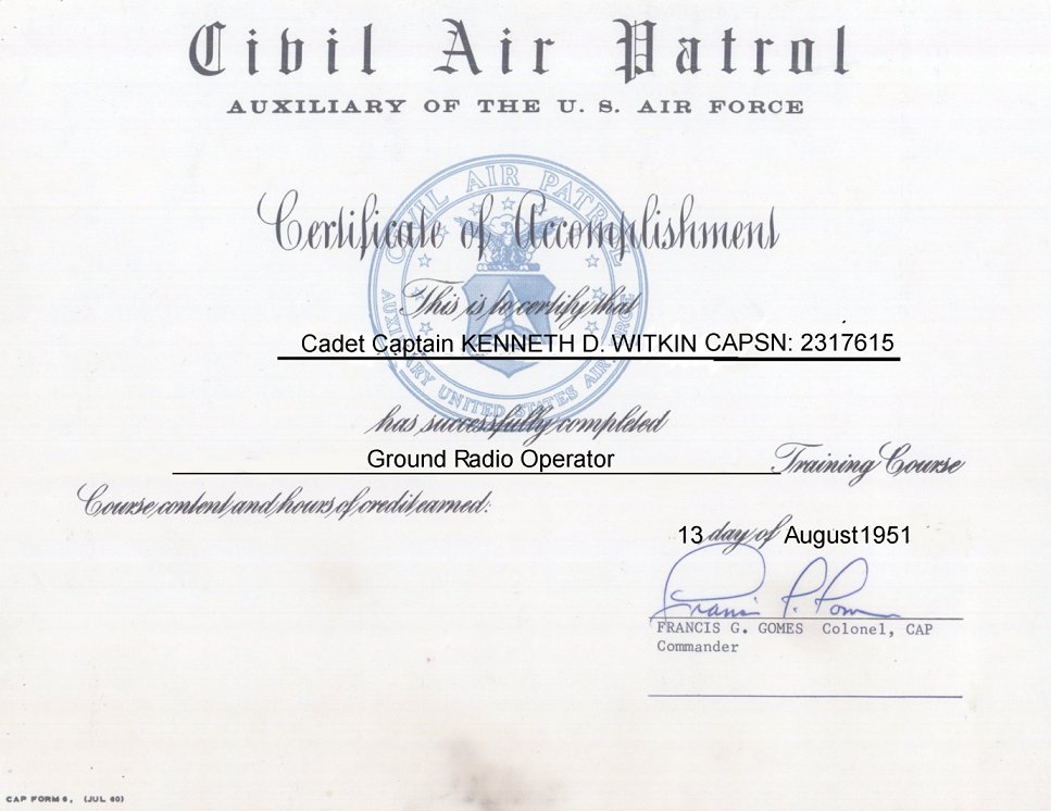 1951 CAP GROUND RADIO OPERATOR COURSE COMPLETION CERTIFICATE