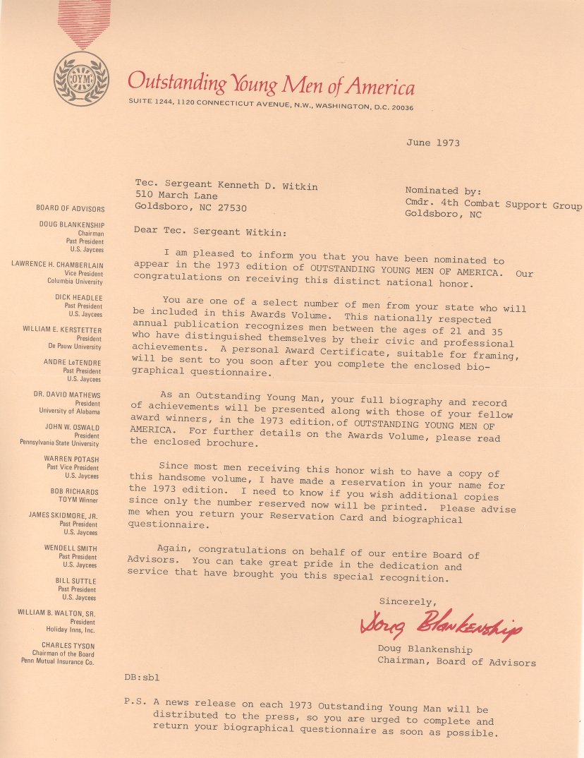 June 1973 
Outstanding Young Men of America Letter