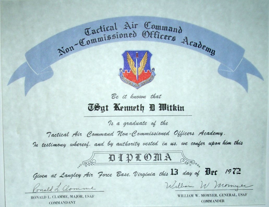 December 1972 
Tactical Air Command NCO Academy Graduation Certificate
