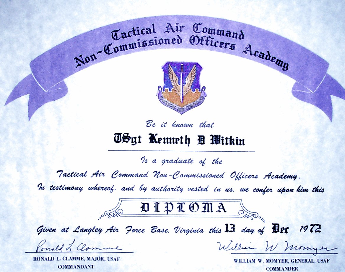 December 1972 Tactical Air Command NCO Academy Graduation Certificate